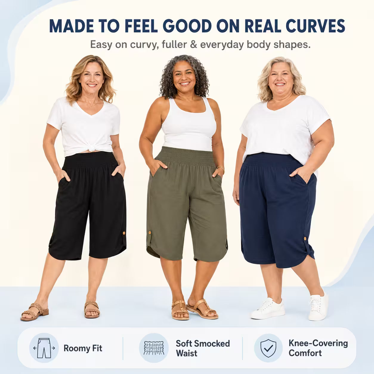 CurveEase™ - Plus-Size Smocked Waist Capri Pants