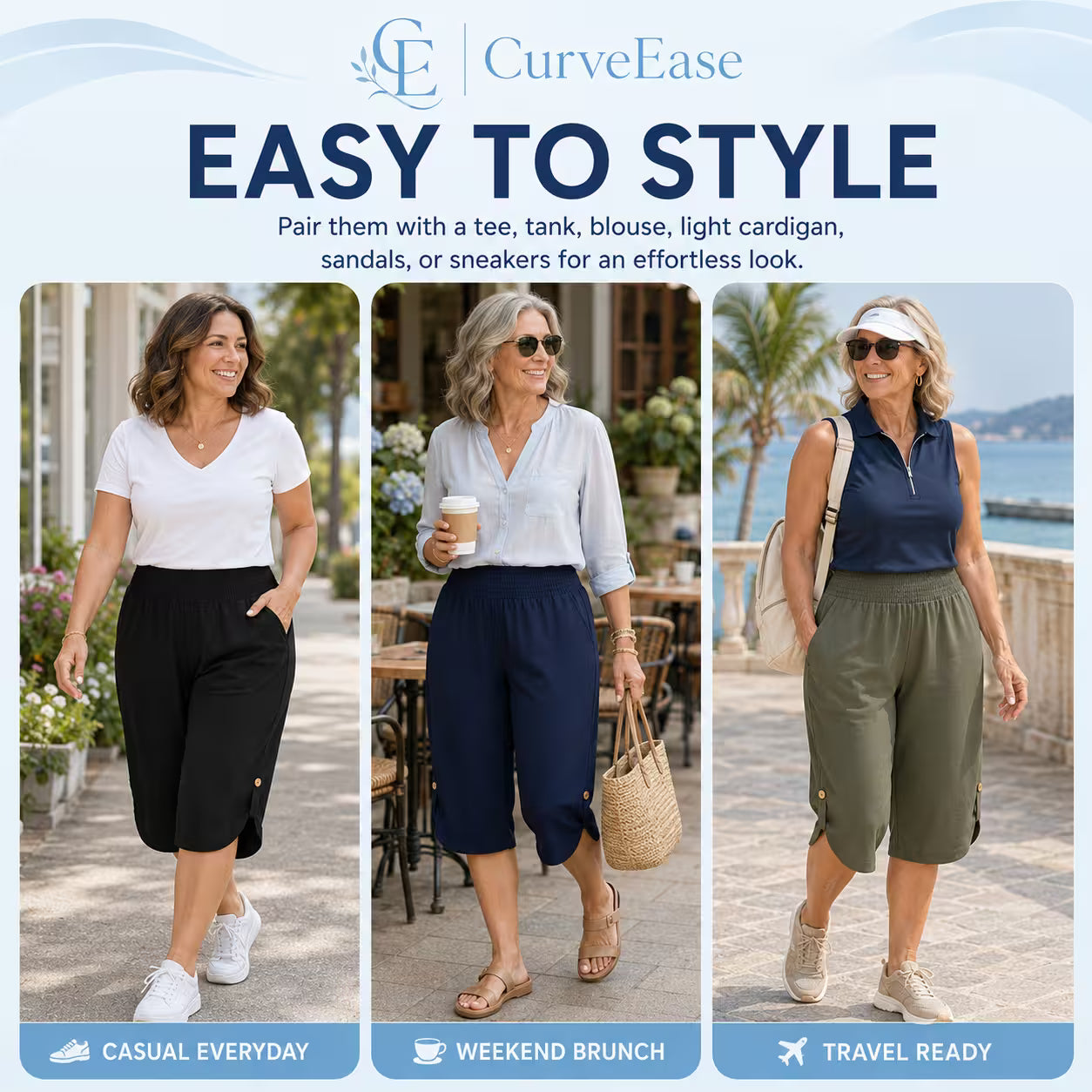 CurveEase™ - Plus-Size Smocked Waist Capri Pants