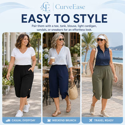 CurveEase™ - Plus-Size Smocked Waist Capri Pants